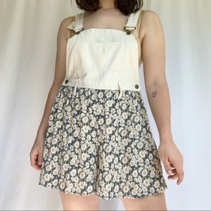 VTG 90s Express White Denim Floral Shorteralls S/M